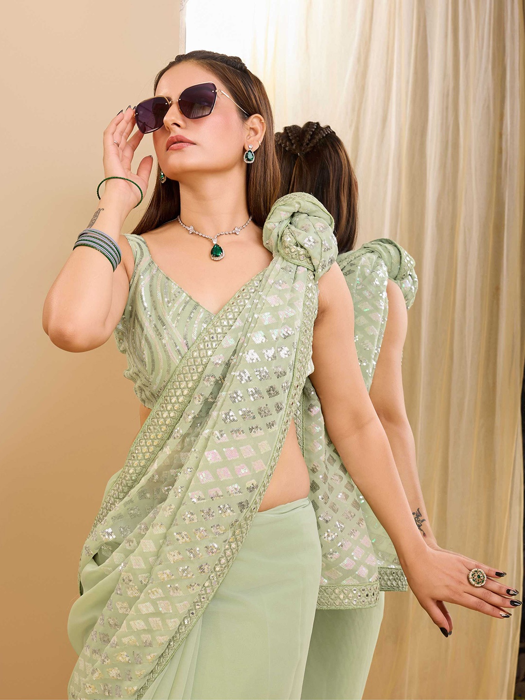 VAIRAGEE Geometric Embellished Sequinned Poly Georgette Saree, Olive