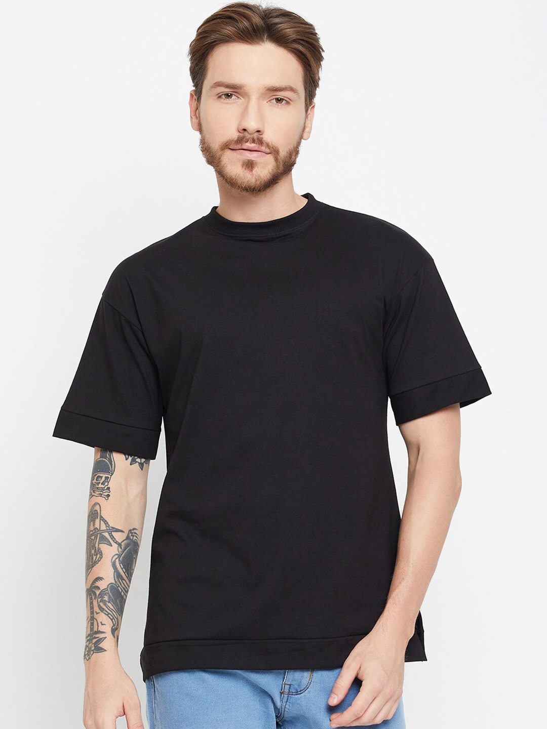 

Skidlers Round Neck Drop-Shoulder Sleeves Oversized T-shirt, Black