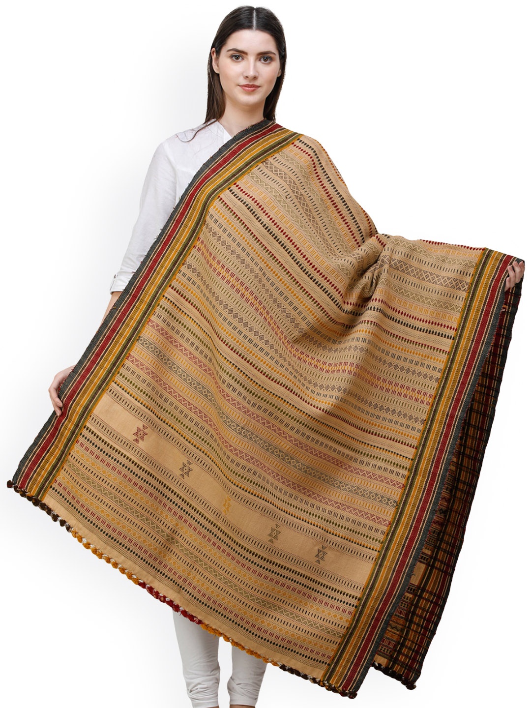 

Exotic India Melow Buff Wool Multi-color Hand-Woven Folk Shawl, Beige