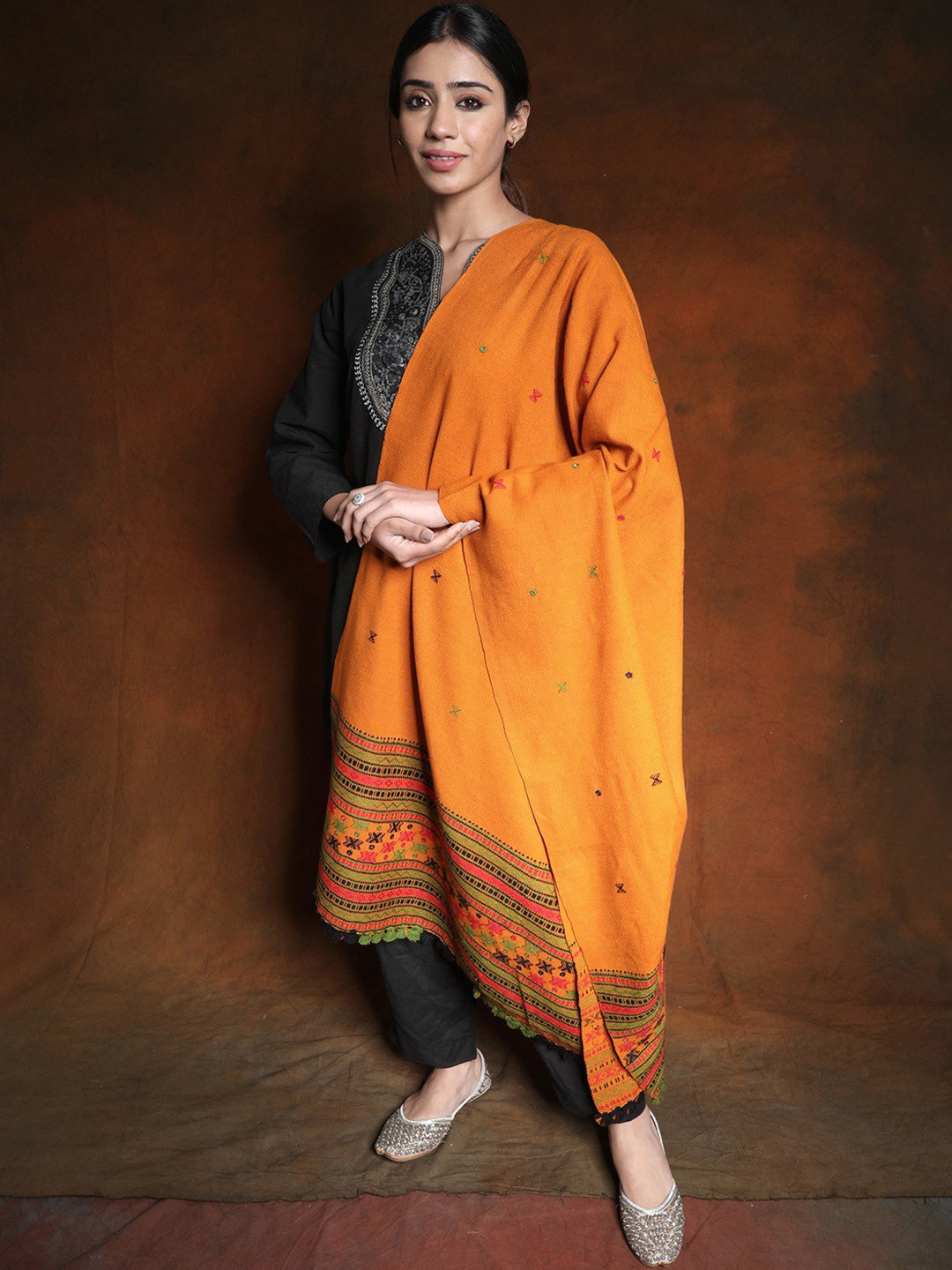 

Exotic India Hawaiian Sunset Pure Wool Shawl and Embroidered Border and Mirrors, Orange