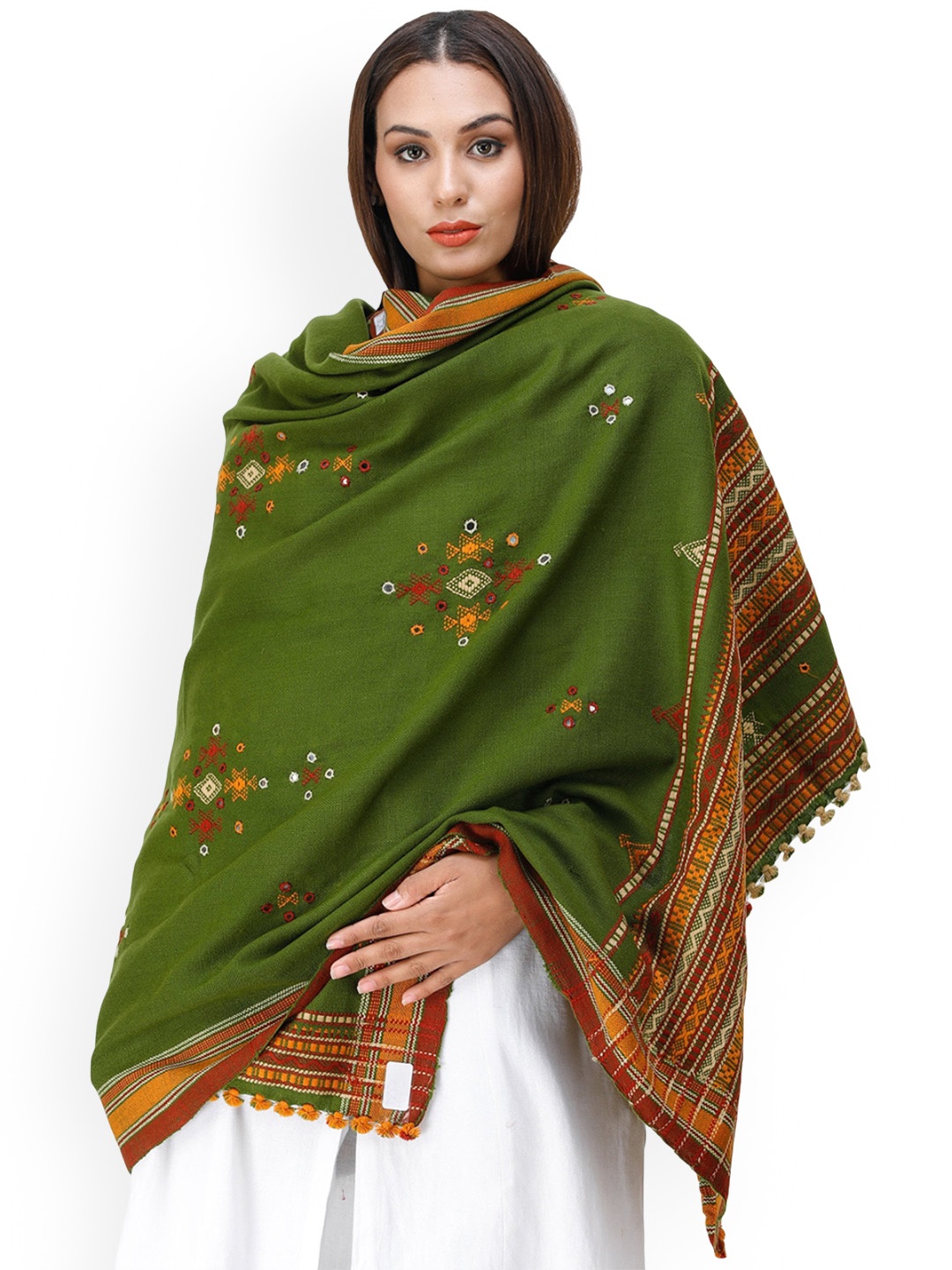 

Exotic India Cedar Green Wool Embroidered Bootis and Mirrors Shawl