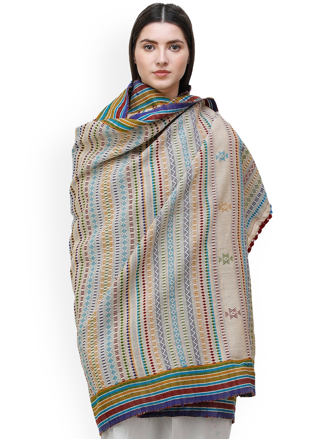 

Exotic India Ivory Wool Multi-color Hand-Woven Folk Wool Shawl, White