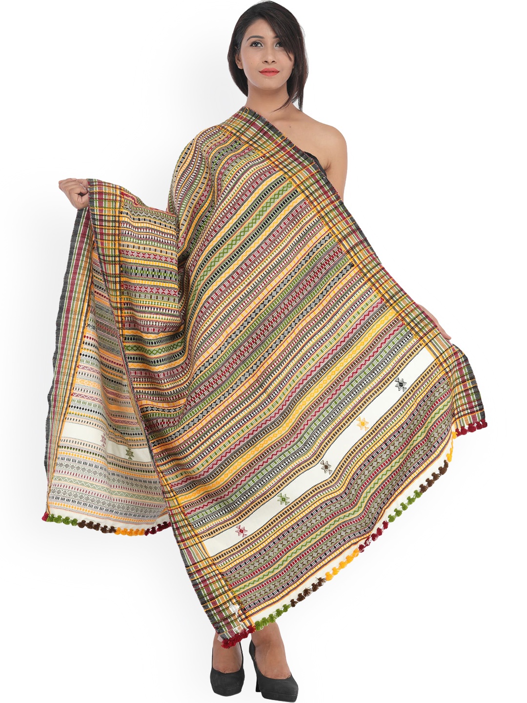 

Exotic India Amber Wool Multi-color Hand-Woven Folk Wool Shawl, Brown