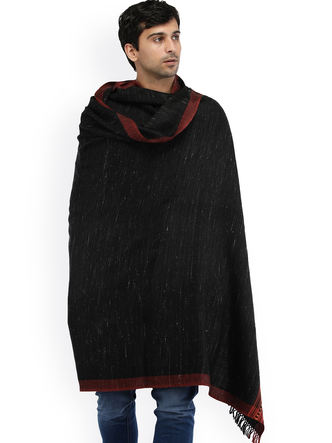 

Exotic India Pirate Pure Wool Kinnauri Woven Border Kullu Palla Shawl for Men's, Black