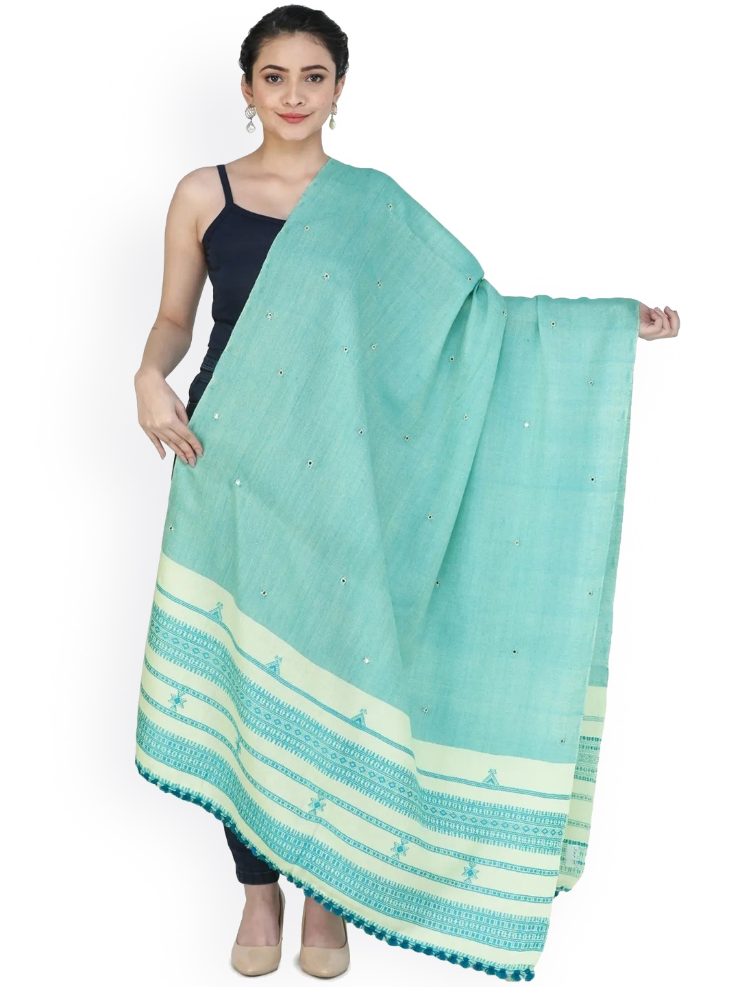 

Exotic India Air Blue Mirrors Embroidered Pure Wool Shawl