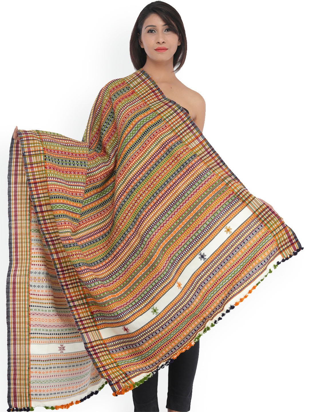 Exotic India Topaz Wool Multi-color Hand-Woven Folk Shawl, Orange