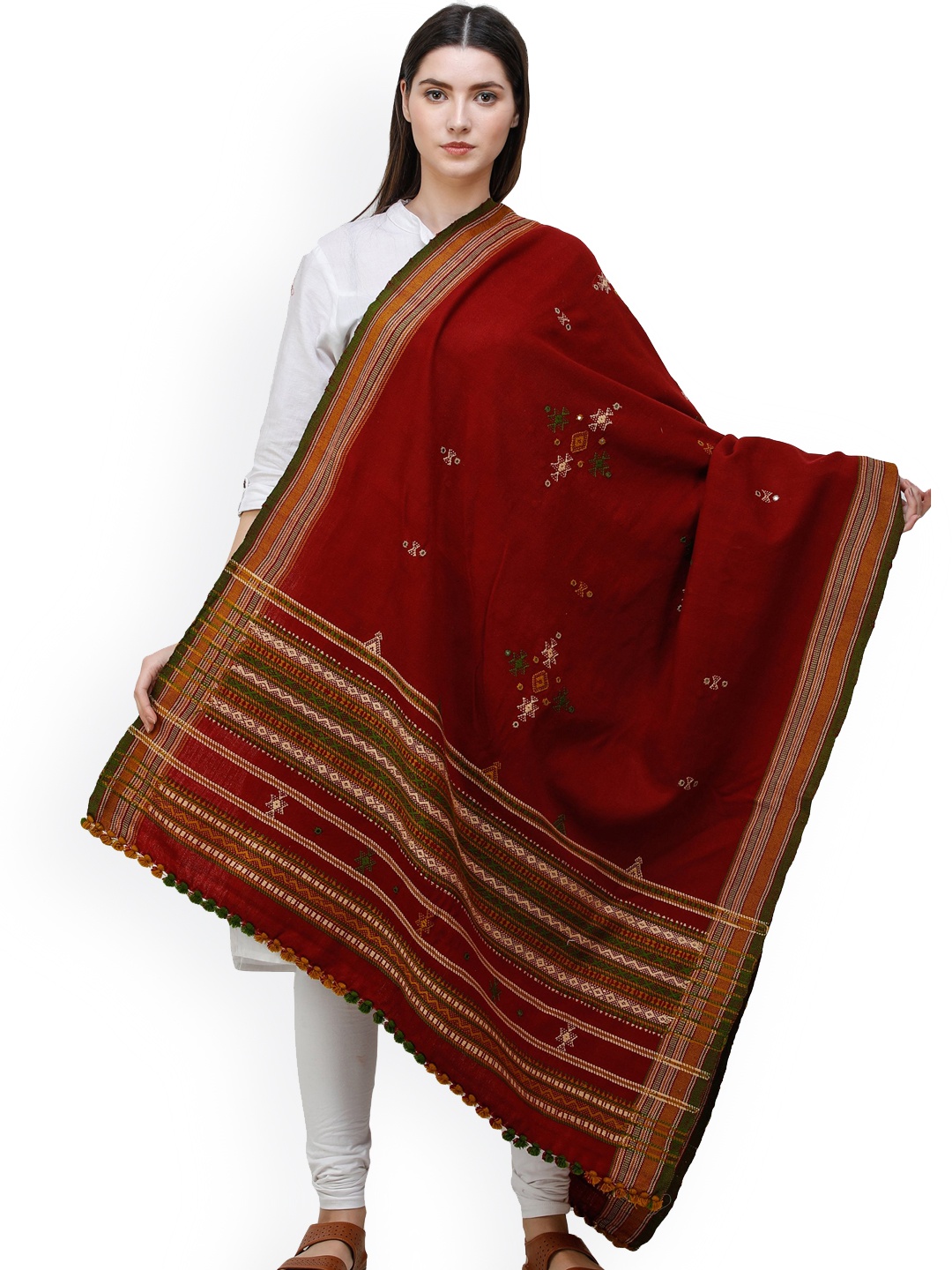 

Exotic India Tibetan Red Wool Embroidered Bootis and Mirrors Shawl