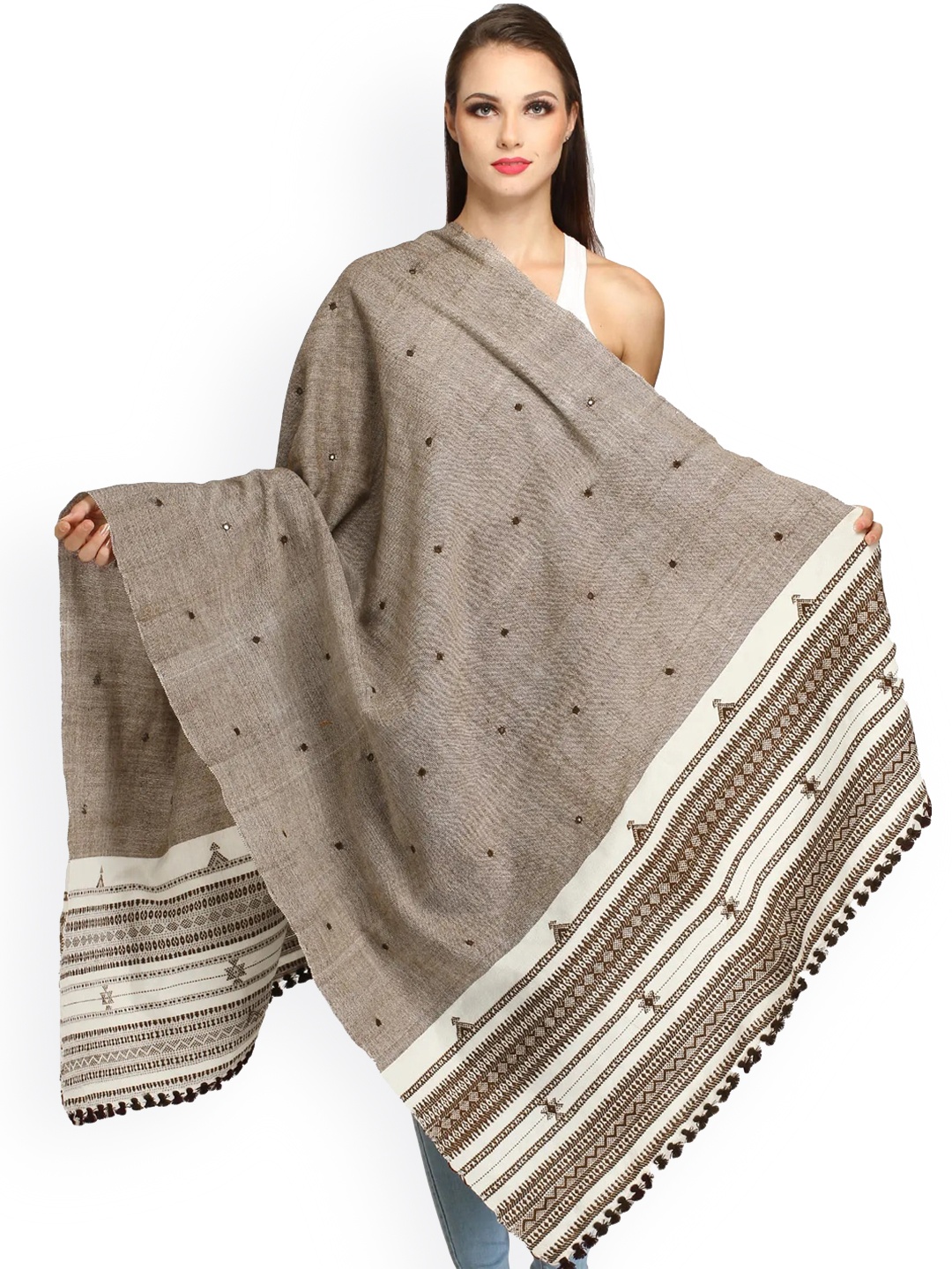 

Exotic India Monks Robe Mirrors Embroidered Pure Wool Shawl, Brown