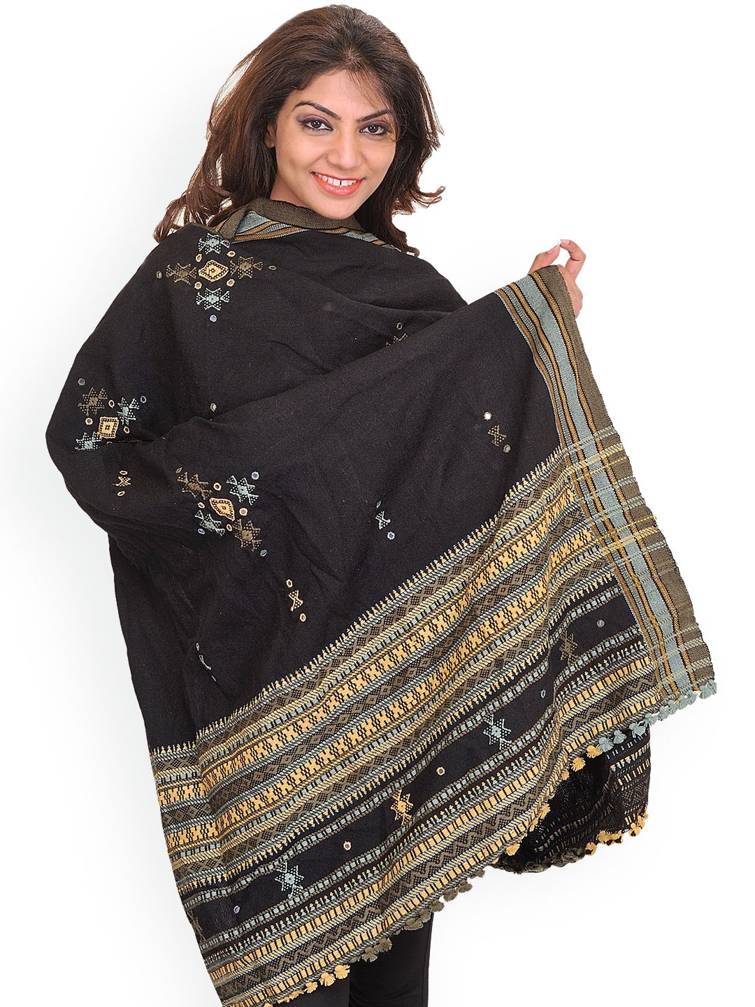 

Exotic India Caviar Black Wool Embroidered Bootis and Mirrors Shawl