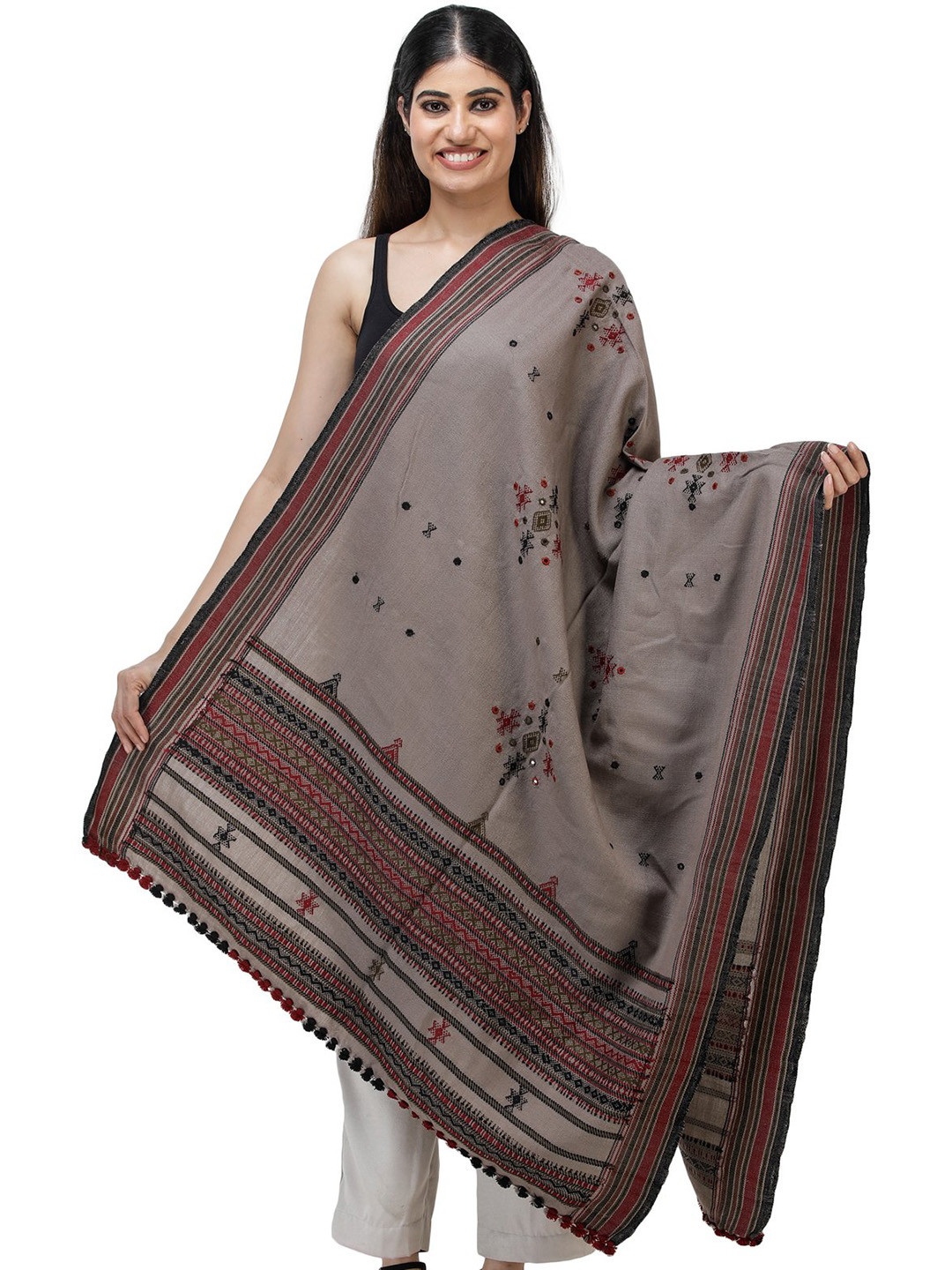 

Exotic India Ethnic Motifs Embroidered Shawl, Coffee brown