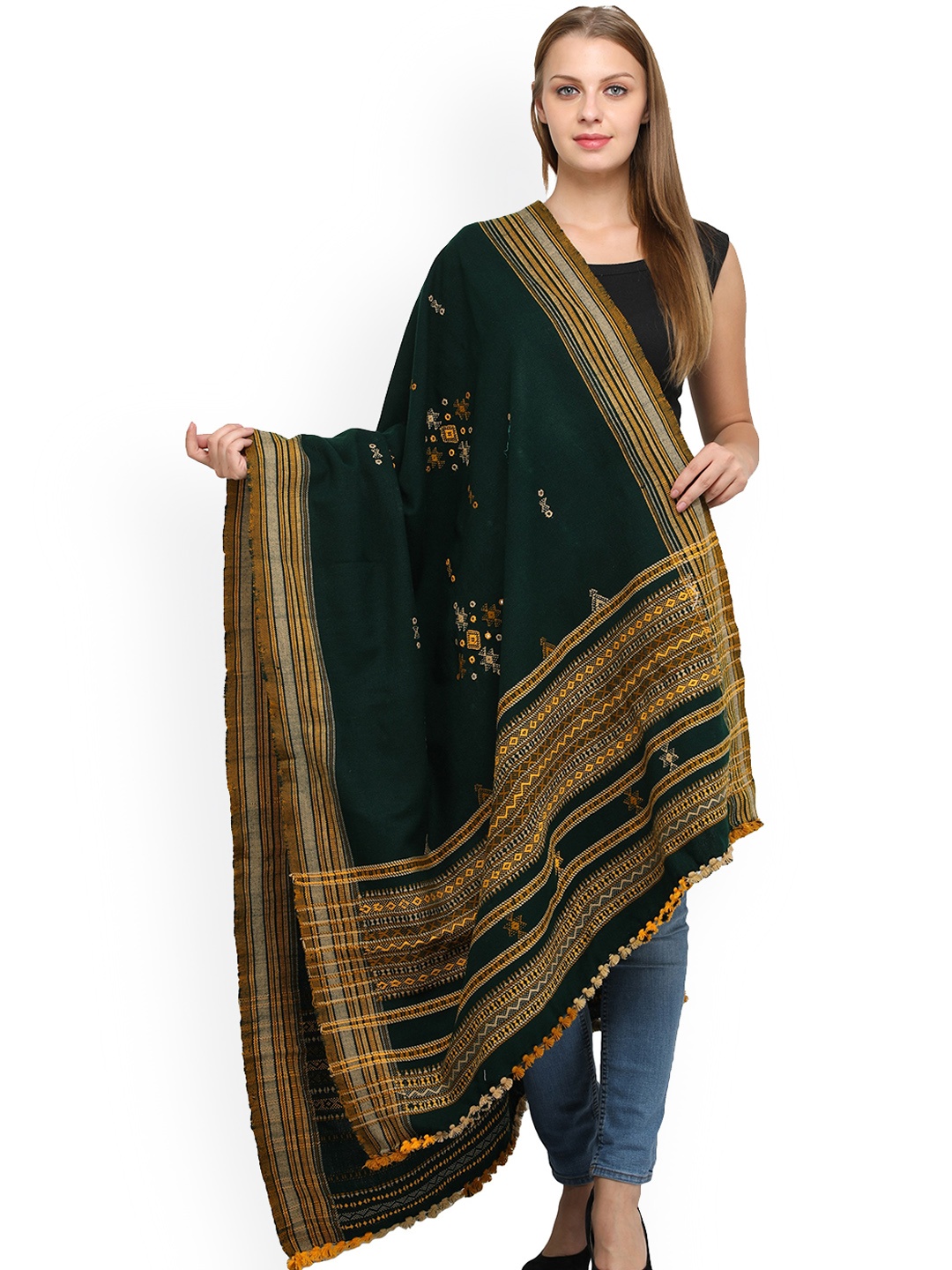 

Exotic India Geometric Embroidered Shawl, Green