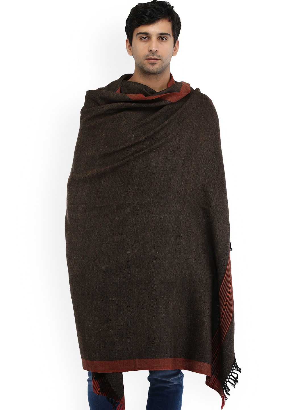 

Exotic India French Roast Pure Wool Kinnauri Woven Border Kullu Palla Shawl for Men's, Brown