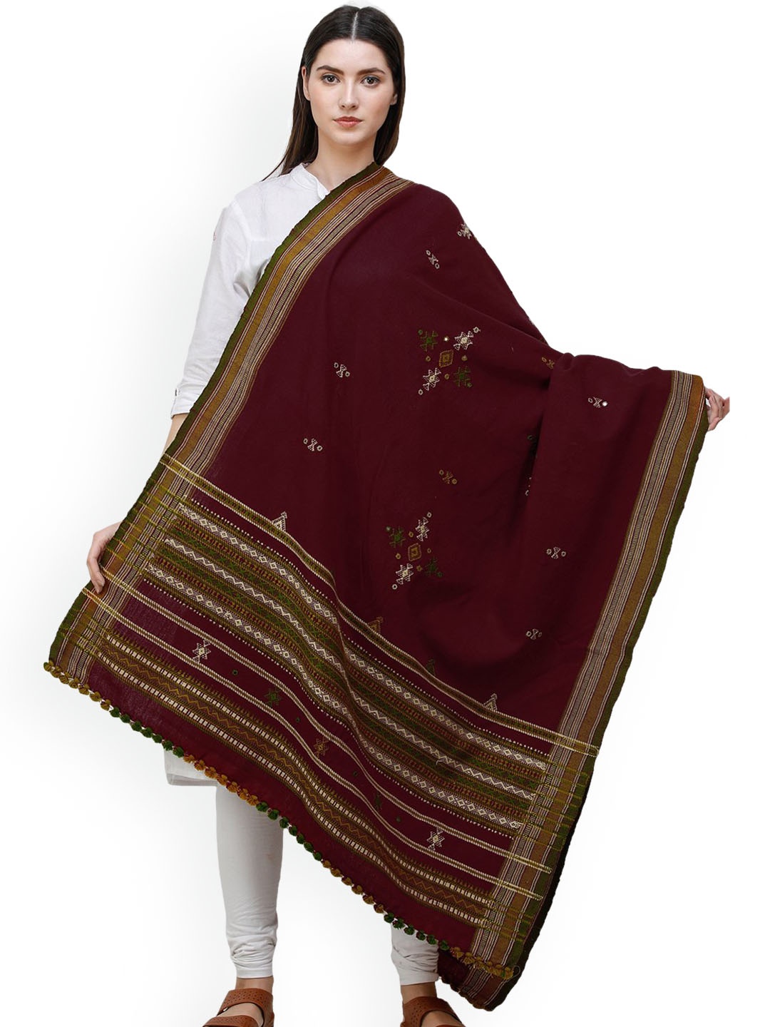 

Exotic India Women Ethnic Motifs Embroidered Wool Shawl, Red