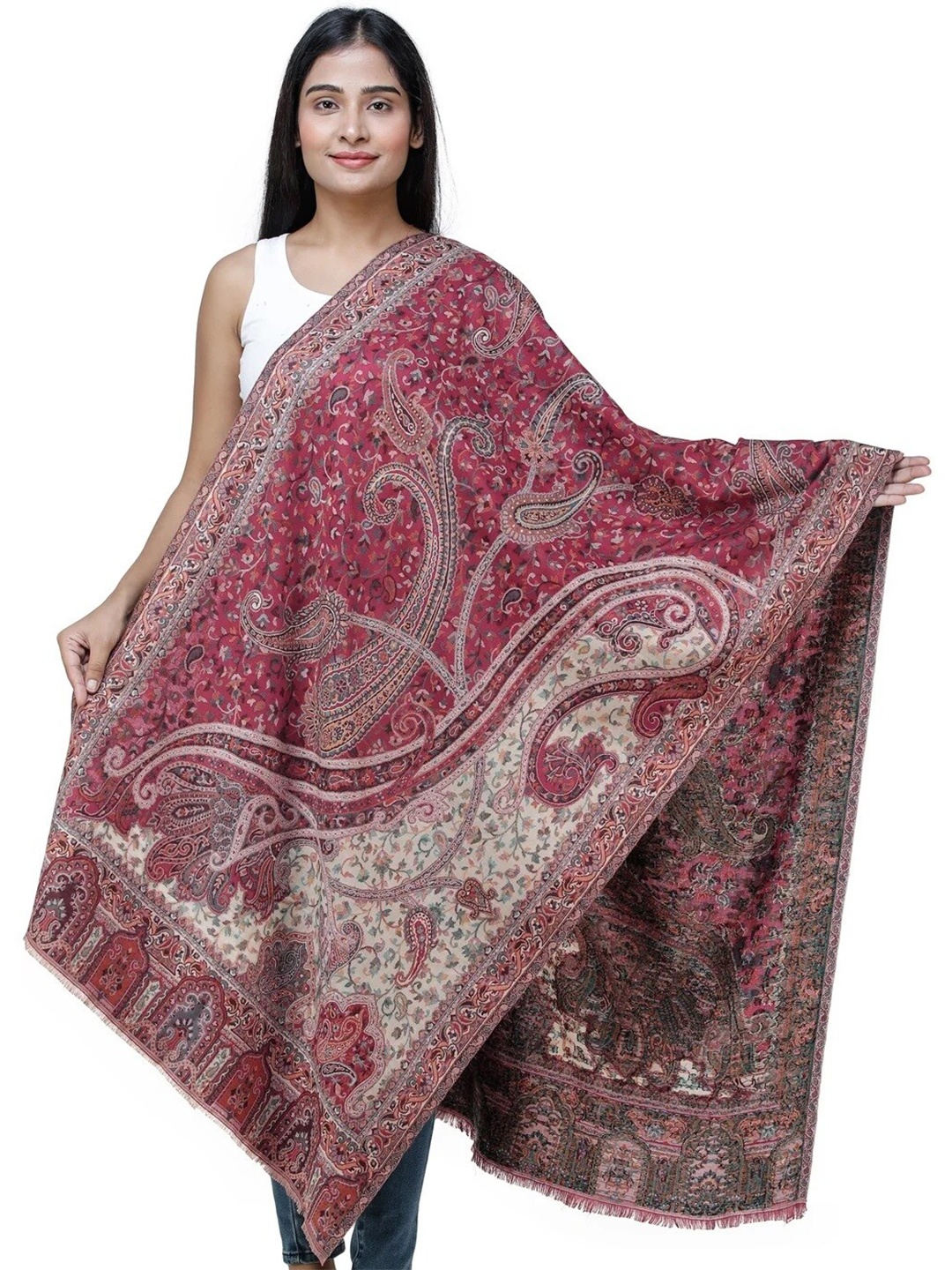 

Exotic India Raspberry Wine Authentic Jamawar Stole with Woven Paisleys and Floral Motifs, Pink