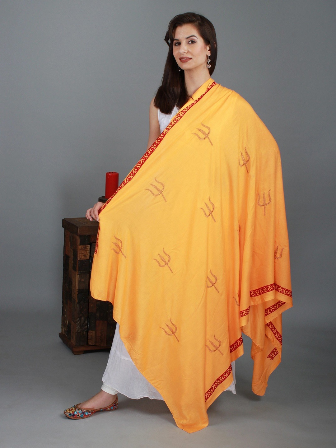 

Exotic India Amber Yellow Prayer Stole with Zari Embroidered Trishul and Thread Border