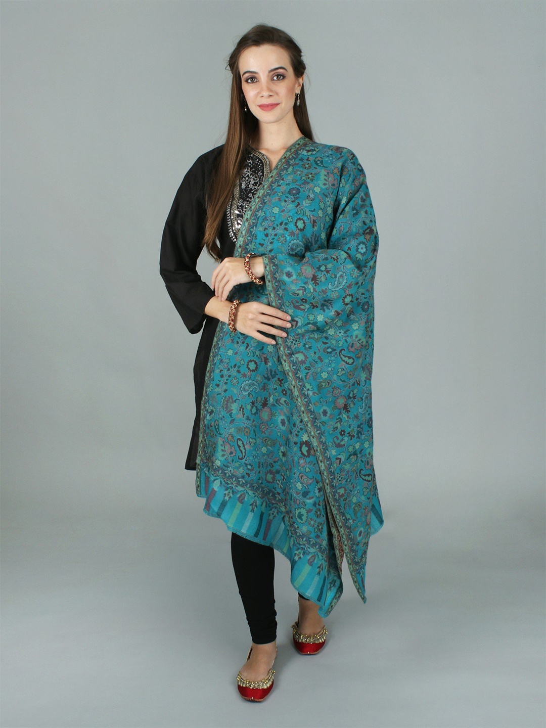 

Exotic India Tile Blue Pure Wool Kani Jamawar Multicolor Floral Vines Stole