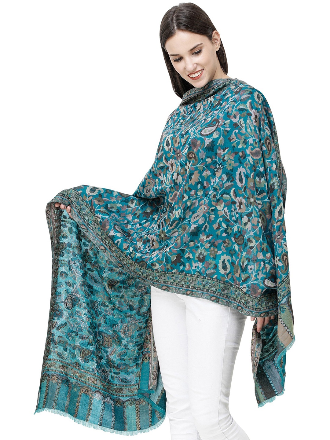 

Exotic India Fanfare Pure Wool Kani Jamawar Multicolor Floral Vines Stole, Blue