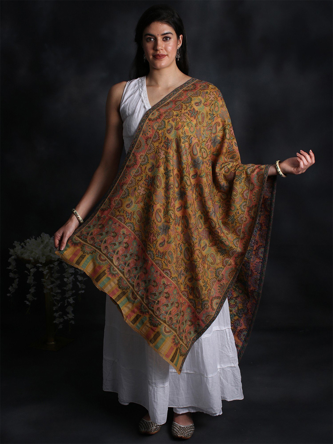 

Exotic India Harvest Gold Pure Wool Kani Jamawar Multicolor Floral Vines Stole