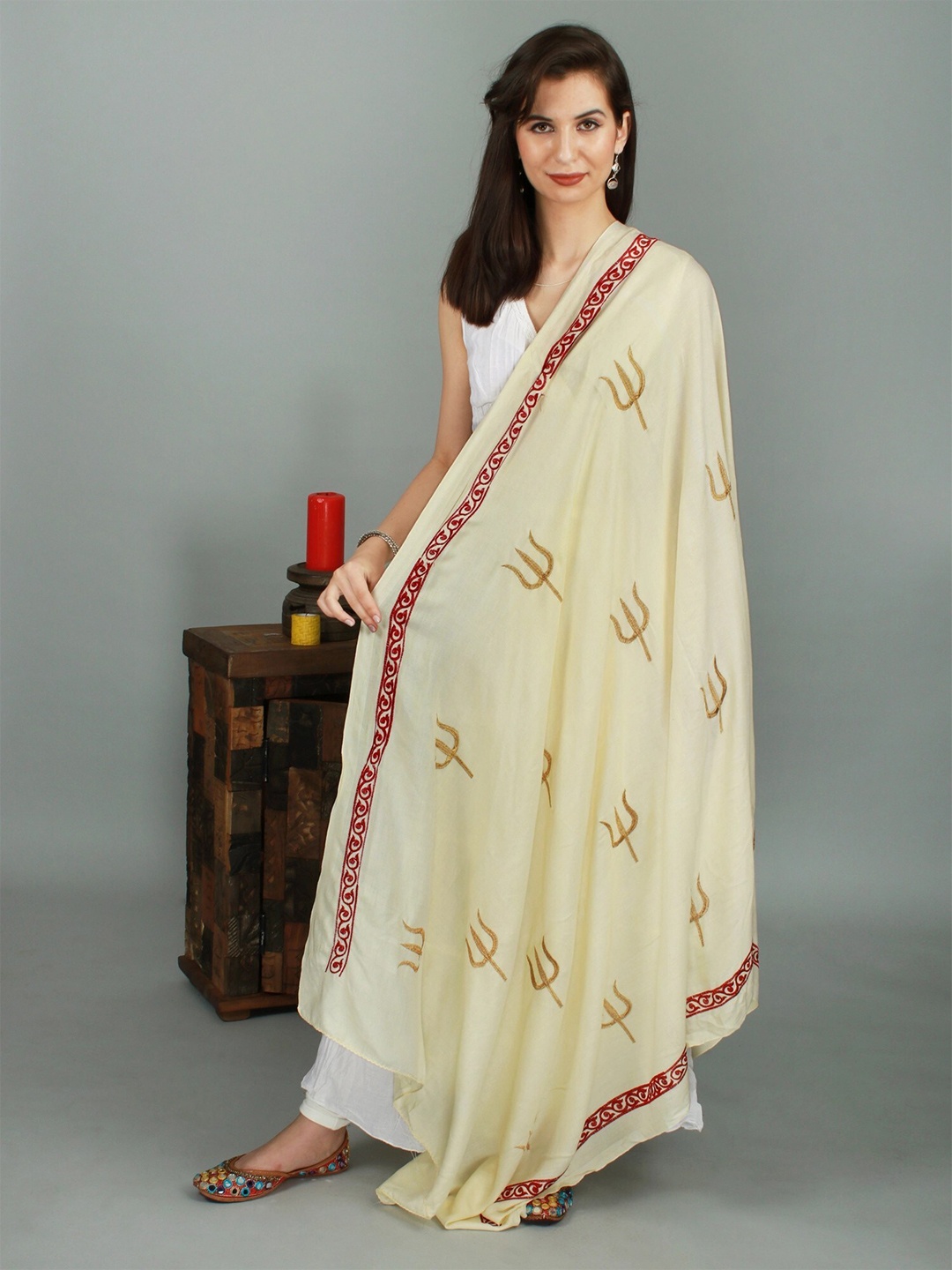 

Exotic India Antique White Prayer Stole with Zari Embroidered Trishul and Thread Border, Off white