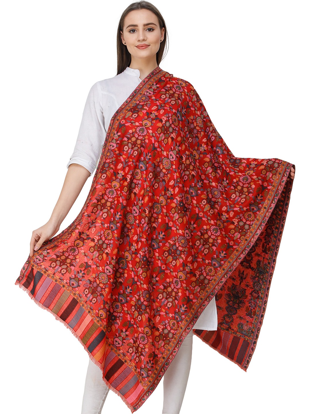 

Exotic India Bittersweet Woven Flowers in Thread Pure Wool Kani Jamawar Stole, Red