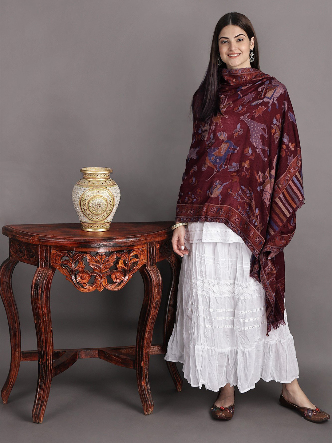 

Exotic India Cabernet Woven Flowers in Thread Pure Wool Kani Jamawar Stole, Red