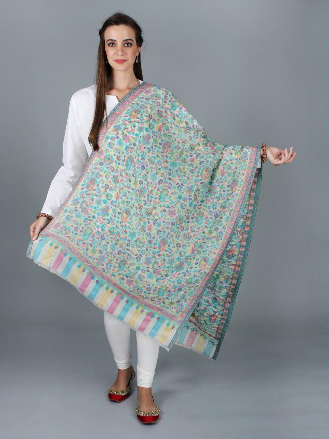 

Exotic India Cloud Dancer Pure Wool Kani Jamawar Multicolor Floral Vines Stole, Green