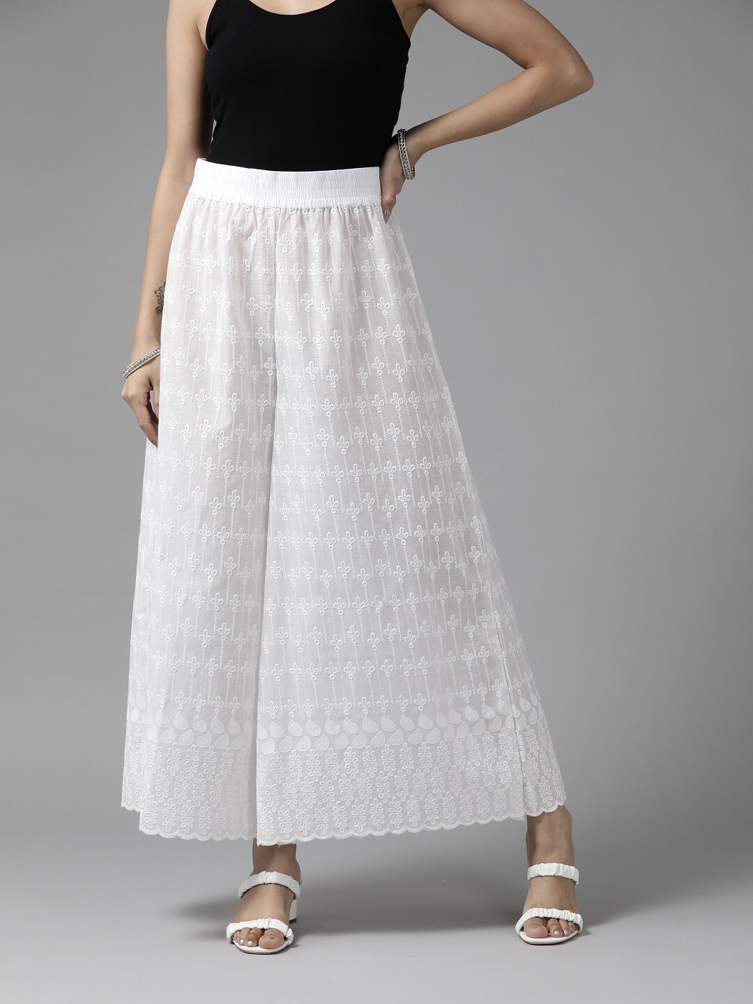 

PANIT Floral Embroidered Wide Leg Cotton Ethnic Palazzos, White