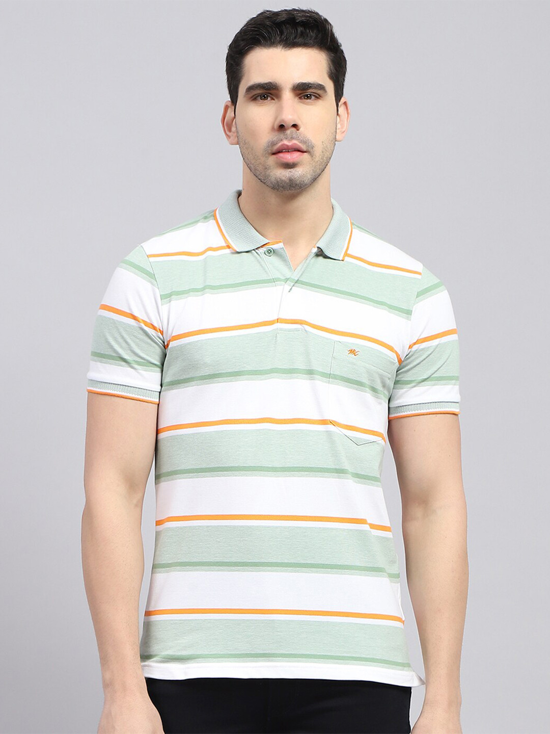 

Monte Carlo Striped Polo Collar Cotton Regular Fit T-shirt, Green