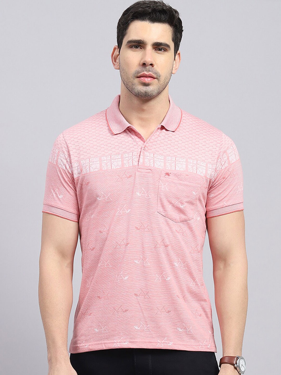 

Monte Carlo Geometric Print Polo Collar Cotton Regular Fit T-shirt, Pink