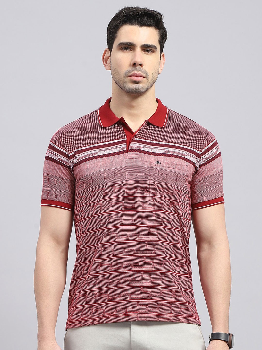 

Monte Carlo Stripes Polo Collar Cotton T-shirt, Maroon
