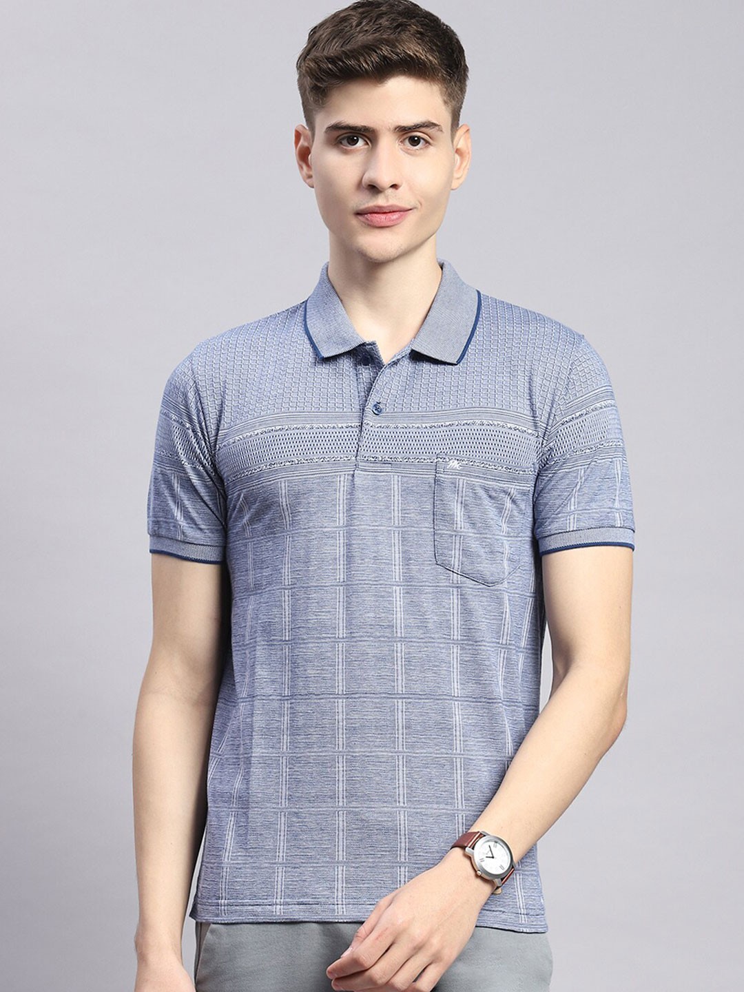 

Monte Carlo Checked Polo Collar Cotton T-shirt, Blue