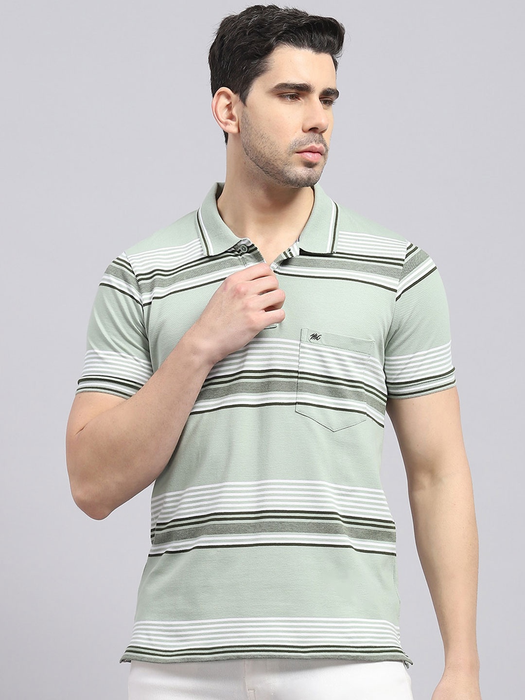 

Monte Carlo Striped Polo Collar Cotton T-shirt, Green