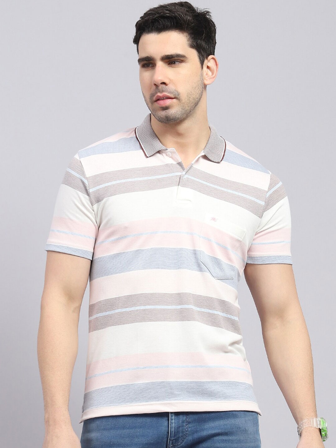 

Monte Carlo Striped Polo Collar Cotton T-shirt, Pink