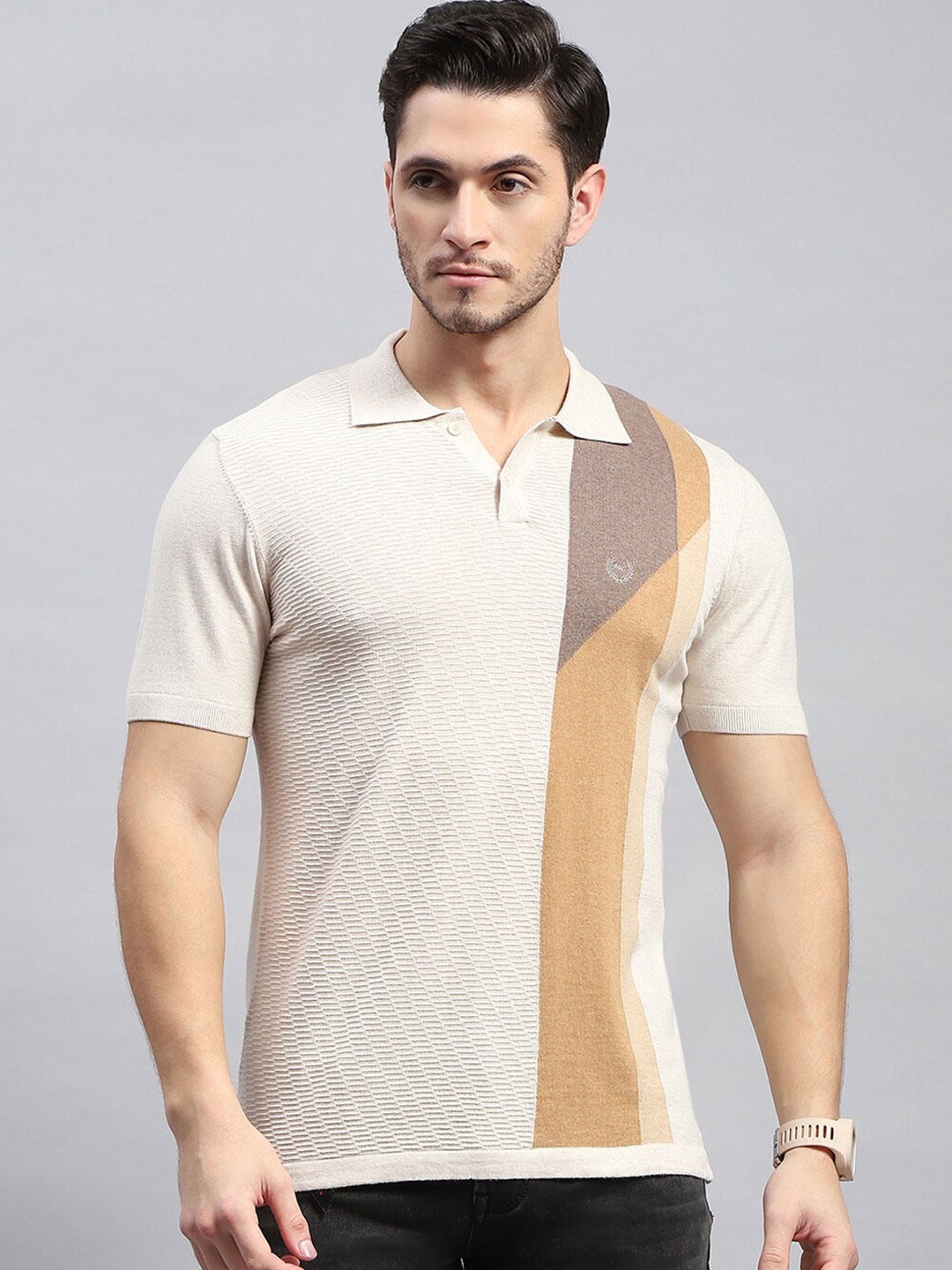 

Monte Carlo Colourblocked Polo Collar Cotton Regular Fit T-shirt, Beige