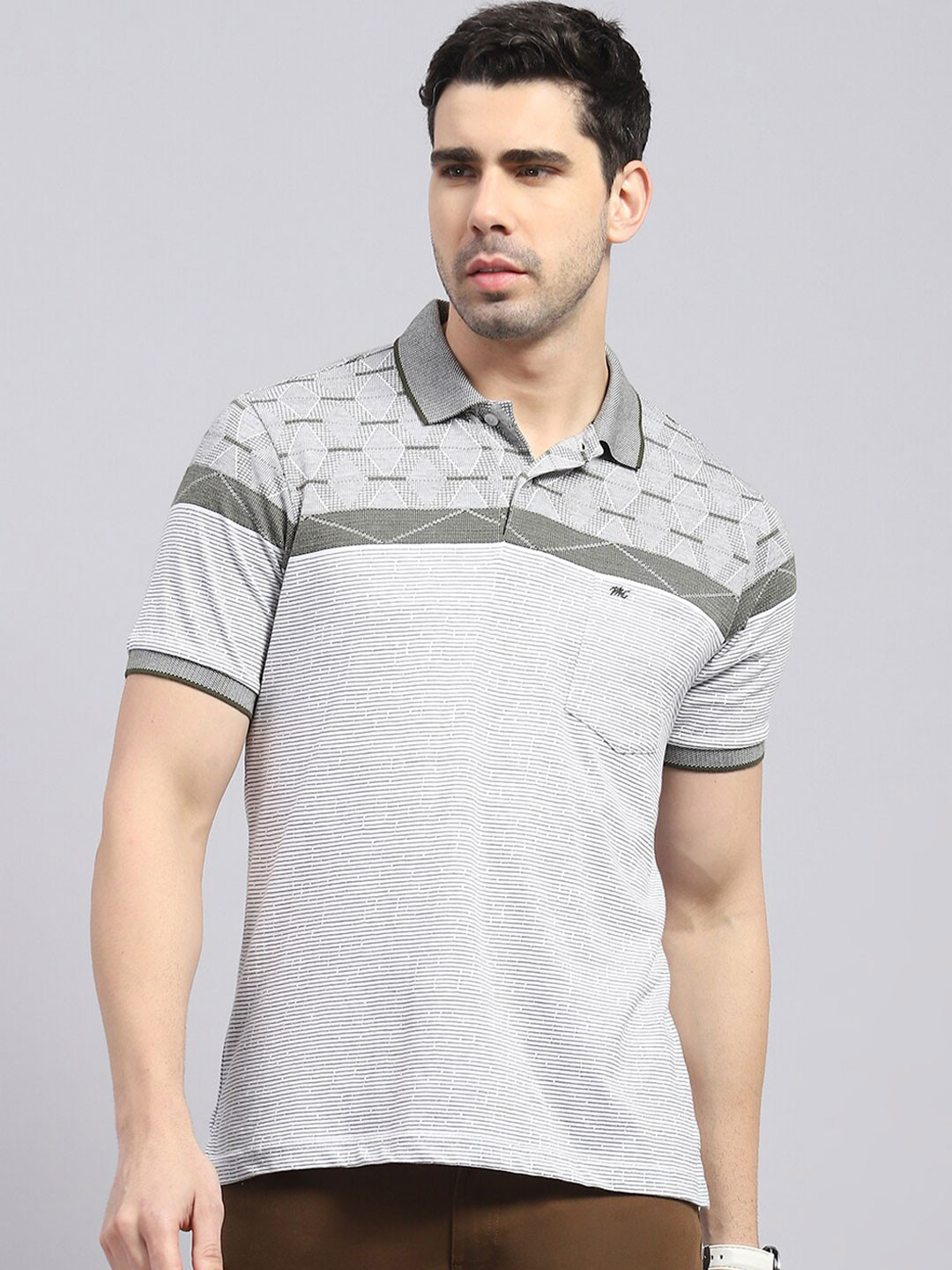 

Monte Carlo Striped Polo Collar Cotton T-shirt, Olive