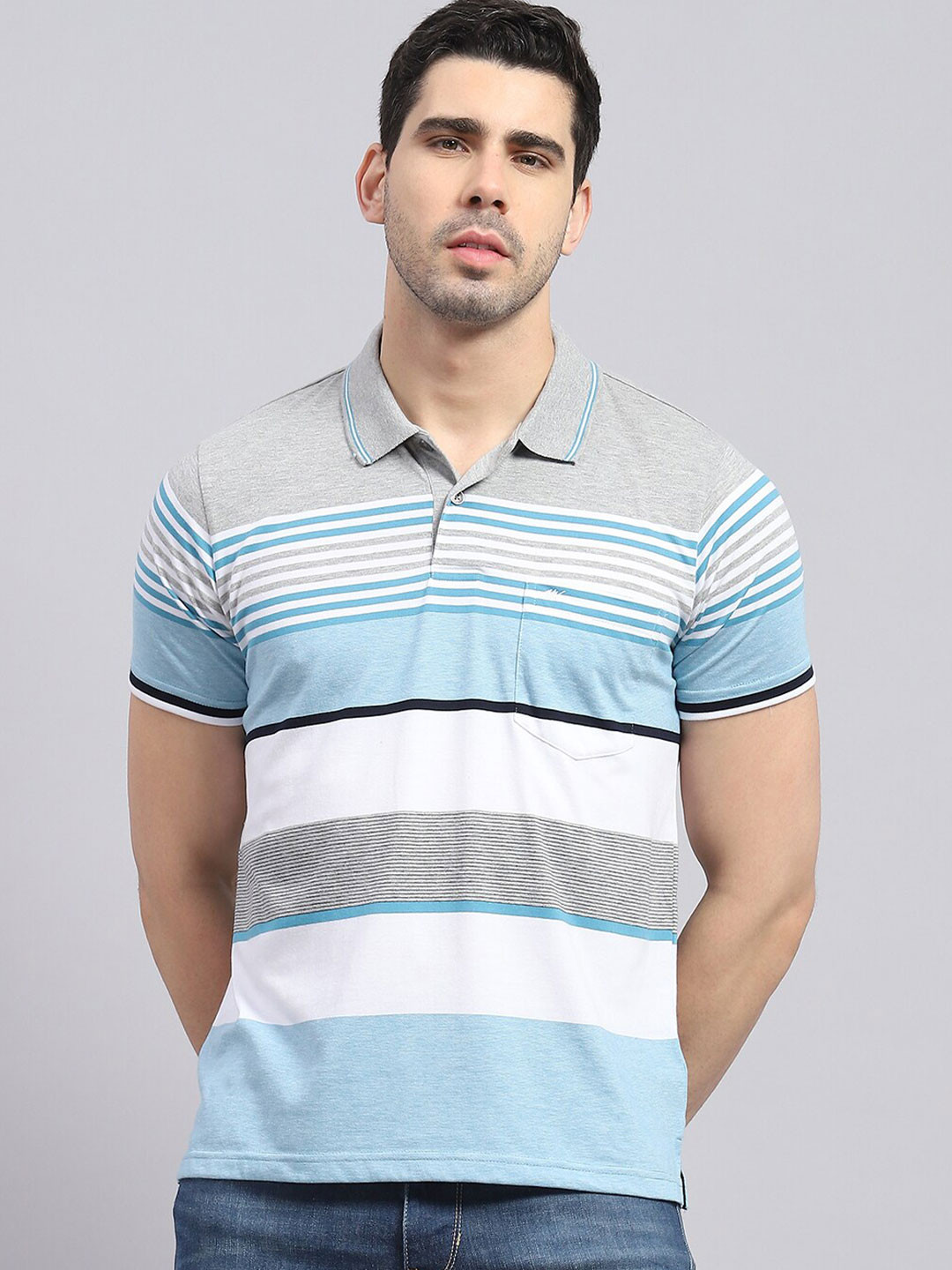 

Monte Carlo Striped Polo Collar Cotton T-shirt, Blue