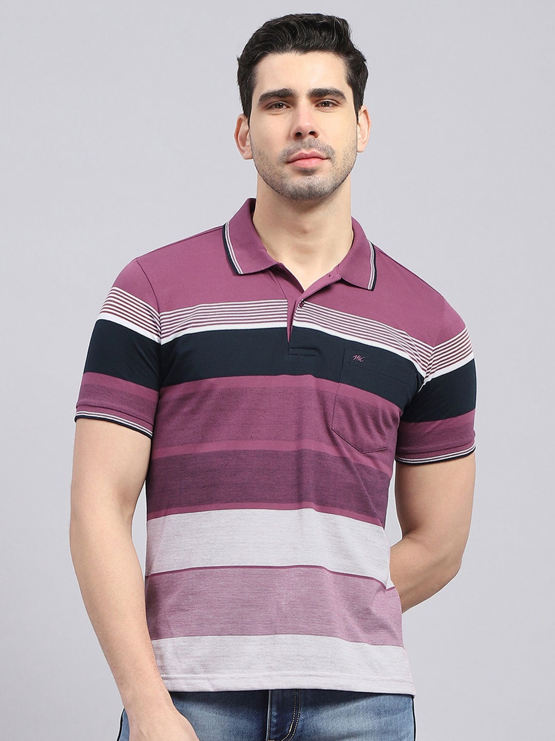 

Monte Carlo Striped Polo Collar Cotton T-shirt, Purple