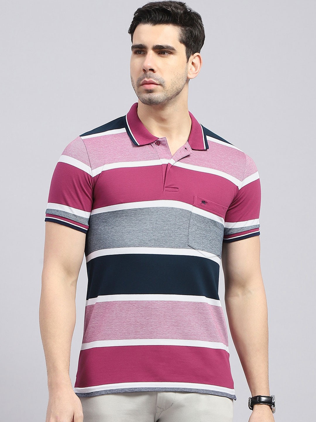 

Monte Carlo Striped Polo Collar Cotton T-Shirt, Red