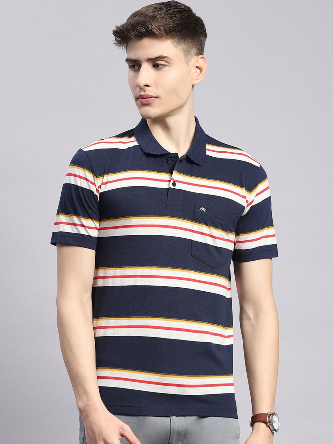 

Monte Carlo Striped Polo Collar Cotton T-shirt, Navy blue