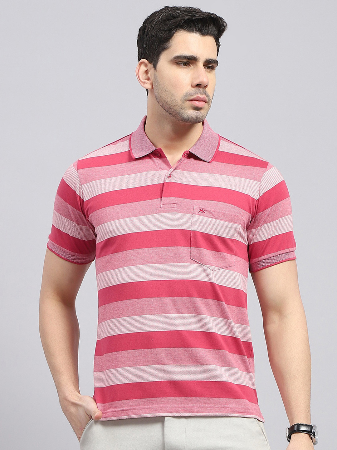 

Monte Carlo Striped Polo Collar Cotton T-shirt, Red