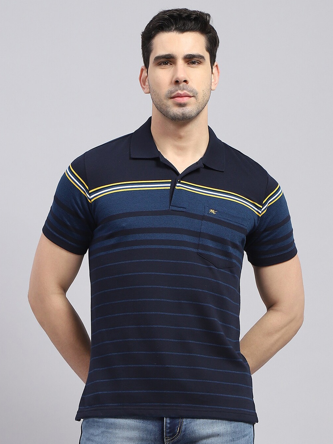 

Monte Carlo Striped Polo Collar Cotton T-Shirt, Navy blue