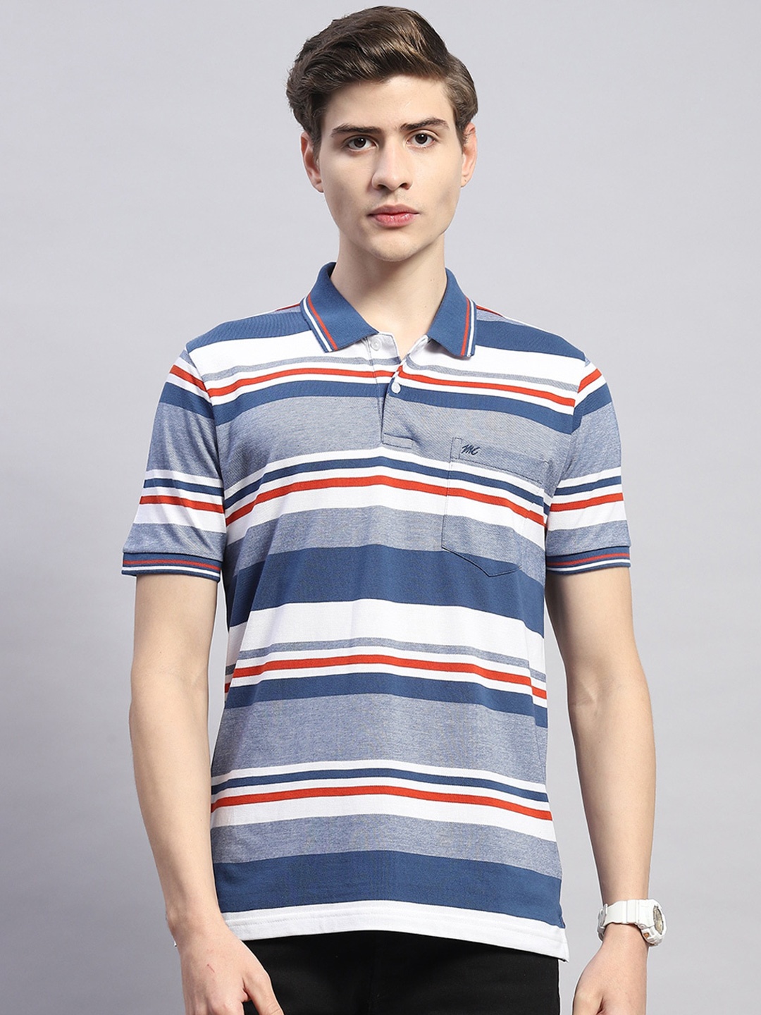 

Monte Carlo Striped Polo Collar Cotton T-Shirt, Blue