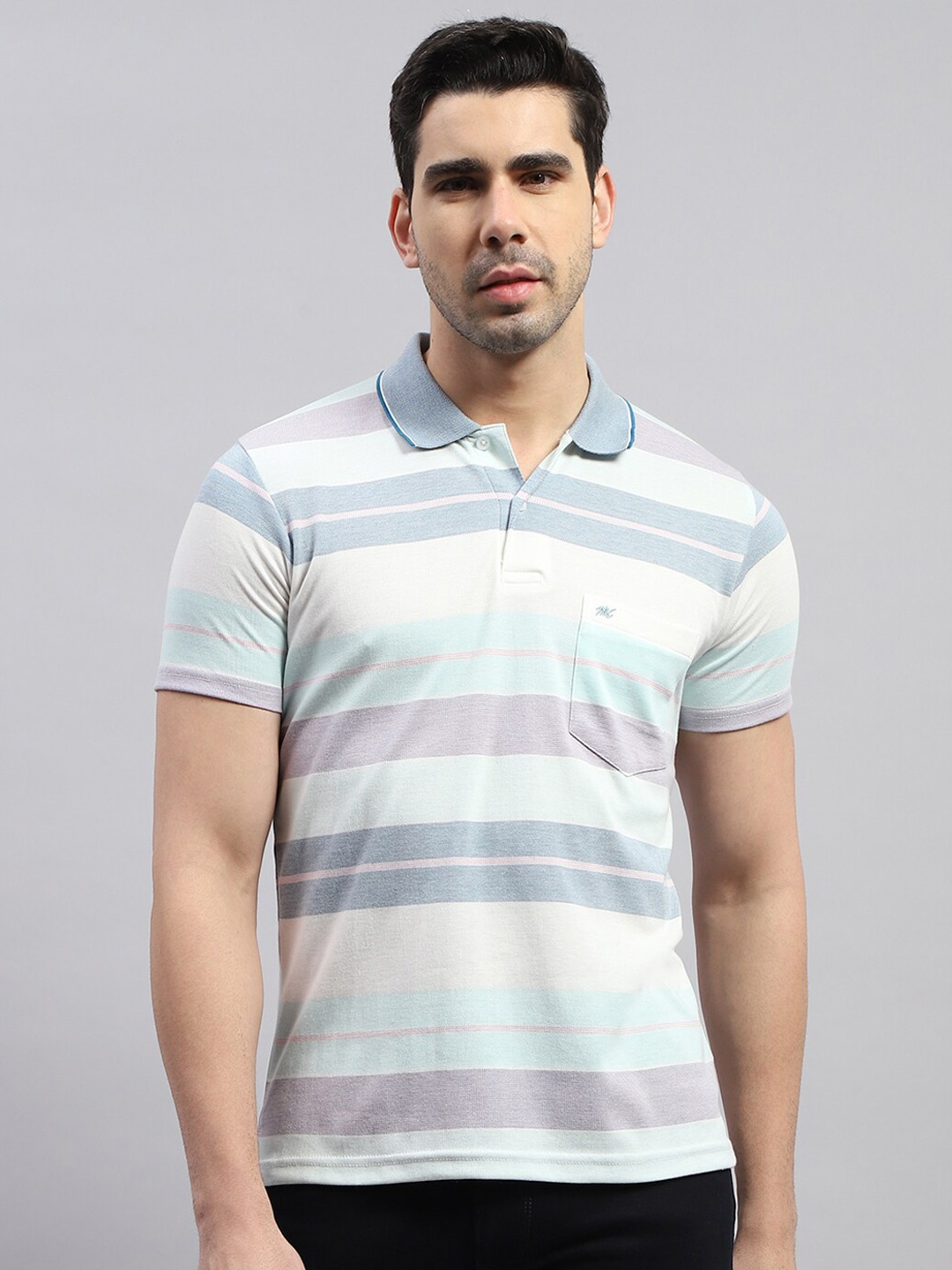 

Monte Carlo Striped Polo Collar Cotton T-shirt, Blue