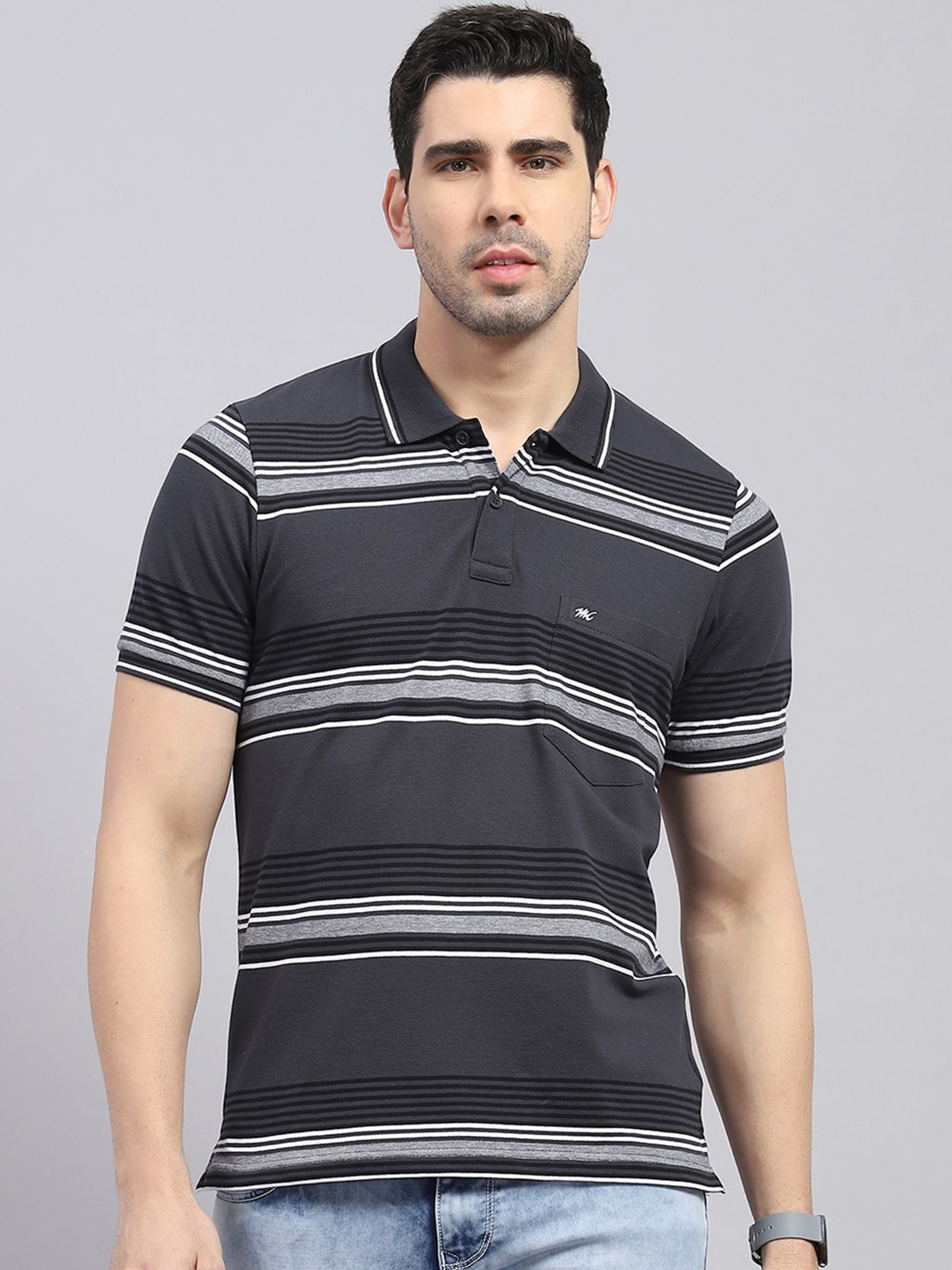 

Monte Carlo Striped Polo Collar Cotton Regular Fit T-shirt, Charcoal