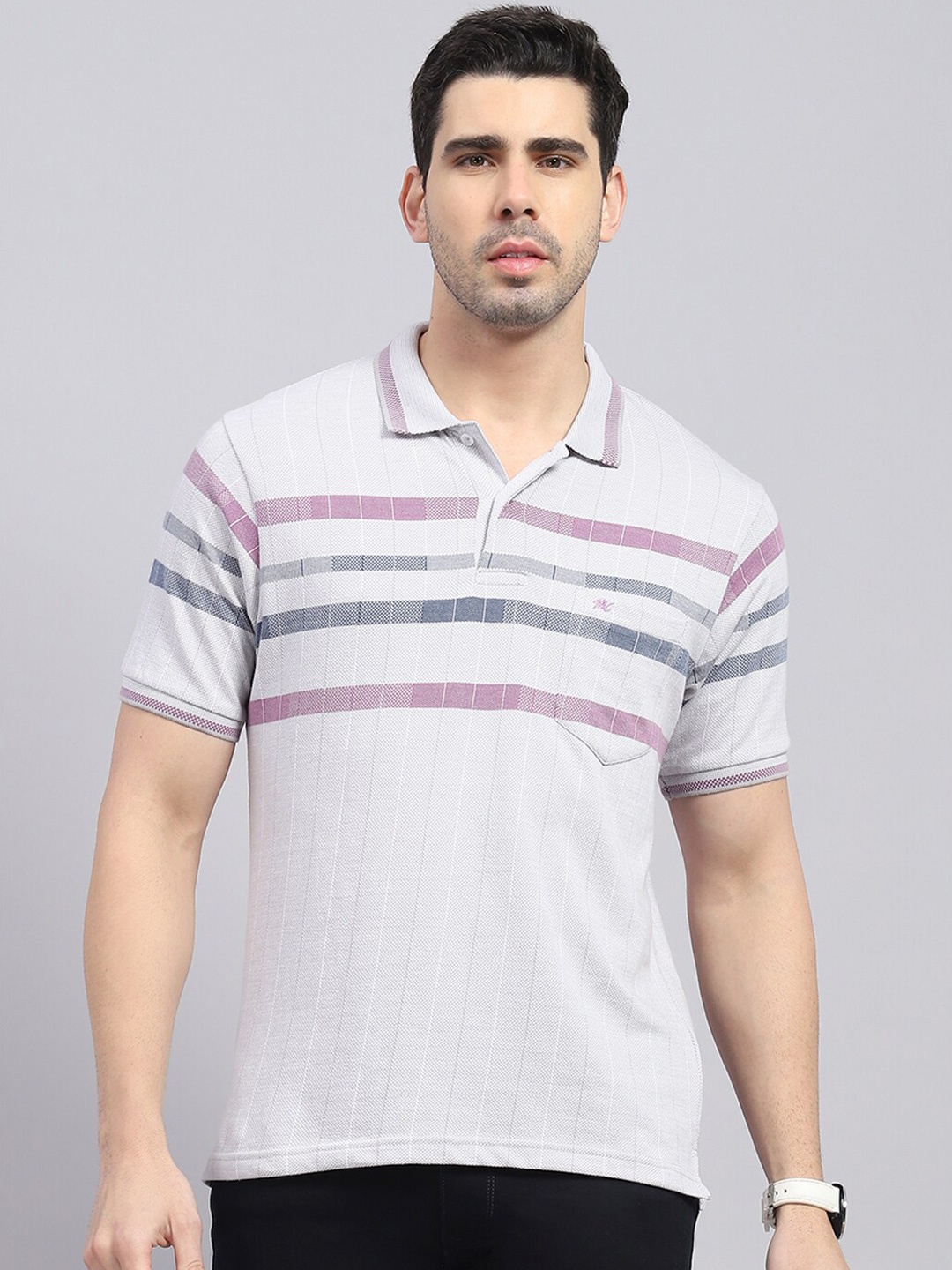 

Monte Carlo Striped Polo Collar Cotton T-shirt, Grey