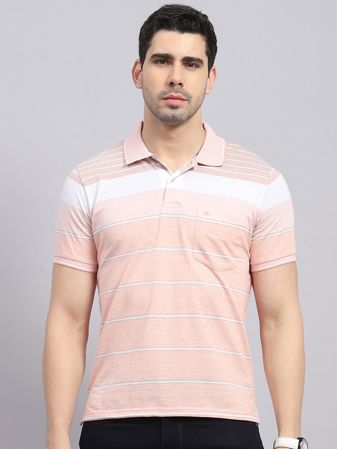 

Monte Carlo Striped Polo Collar Cotton T-shirt, Pink