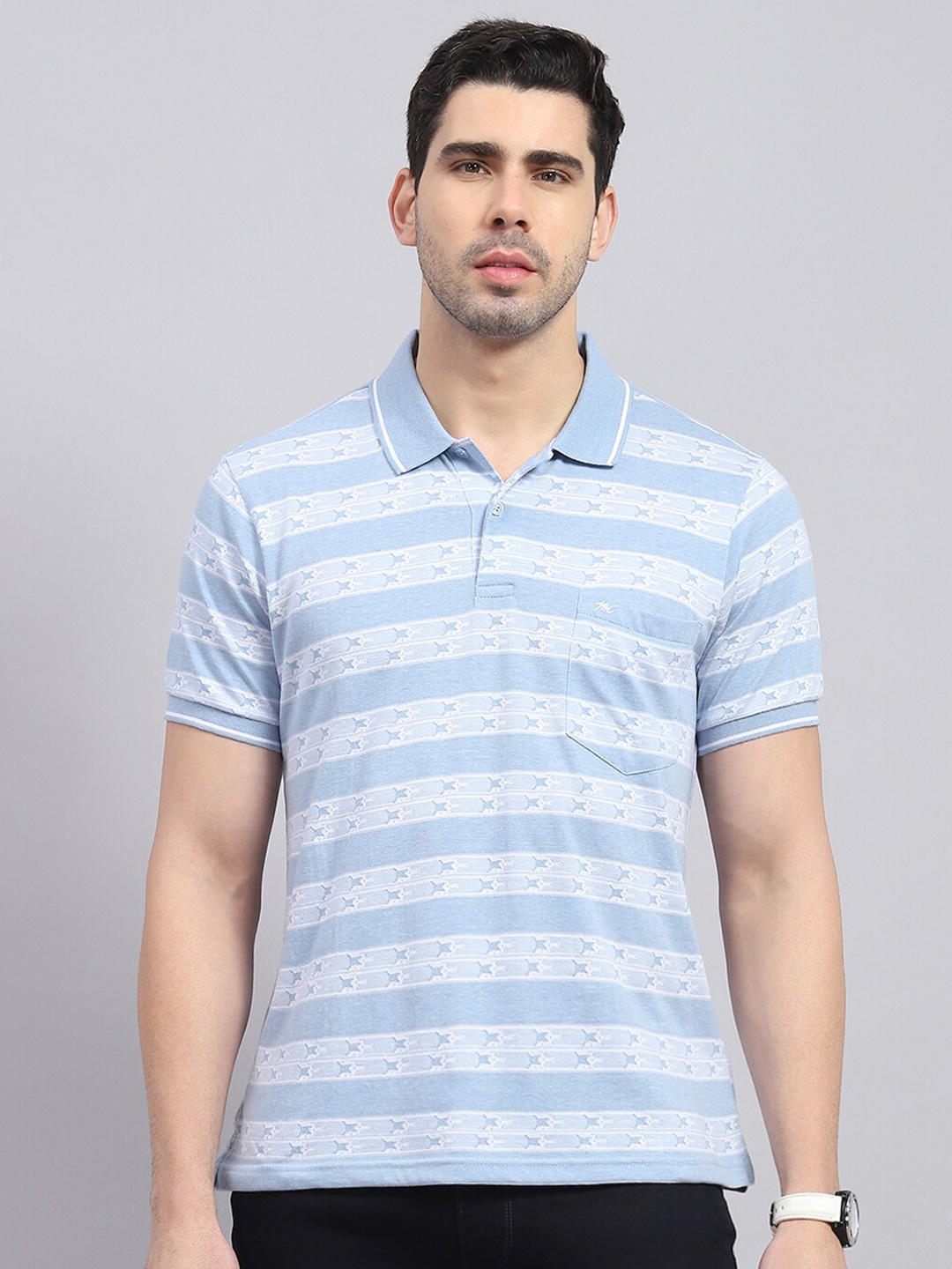 

Monte Carlo Striped Polo Collar Cotton T-shirt, Blue