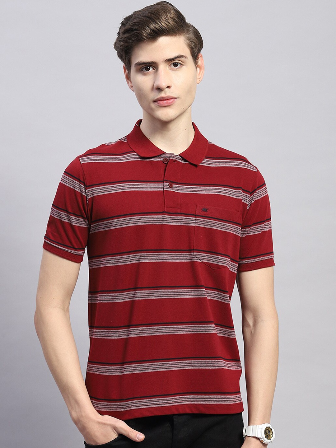 

Monte Carlo Striped Polo Collar Short Sleeves Cotton T-shirt, Maroon