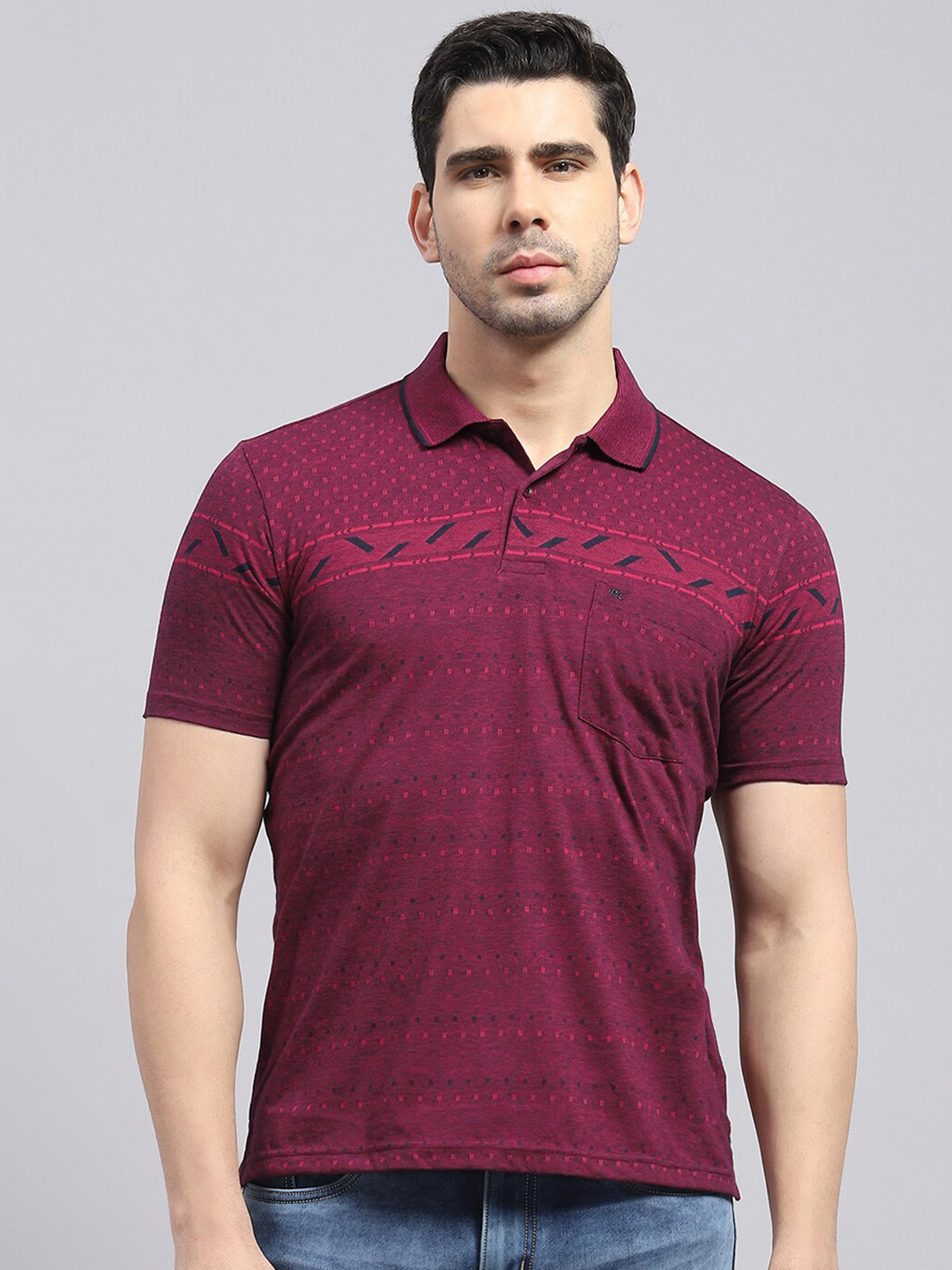 

Monte Carlo Self Design Polo Collar Cotton T-Shirt, Maroon