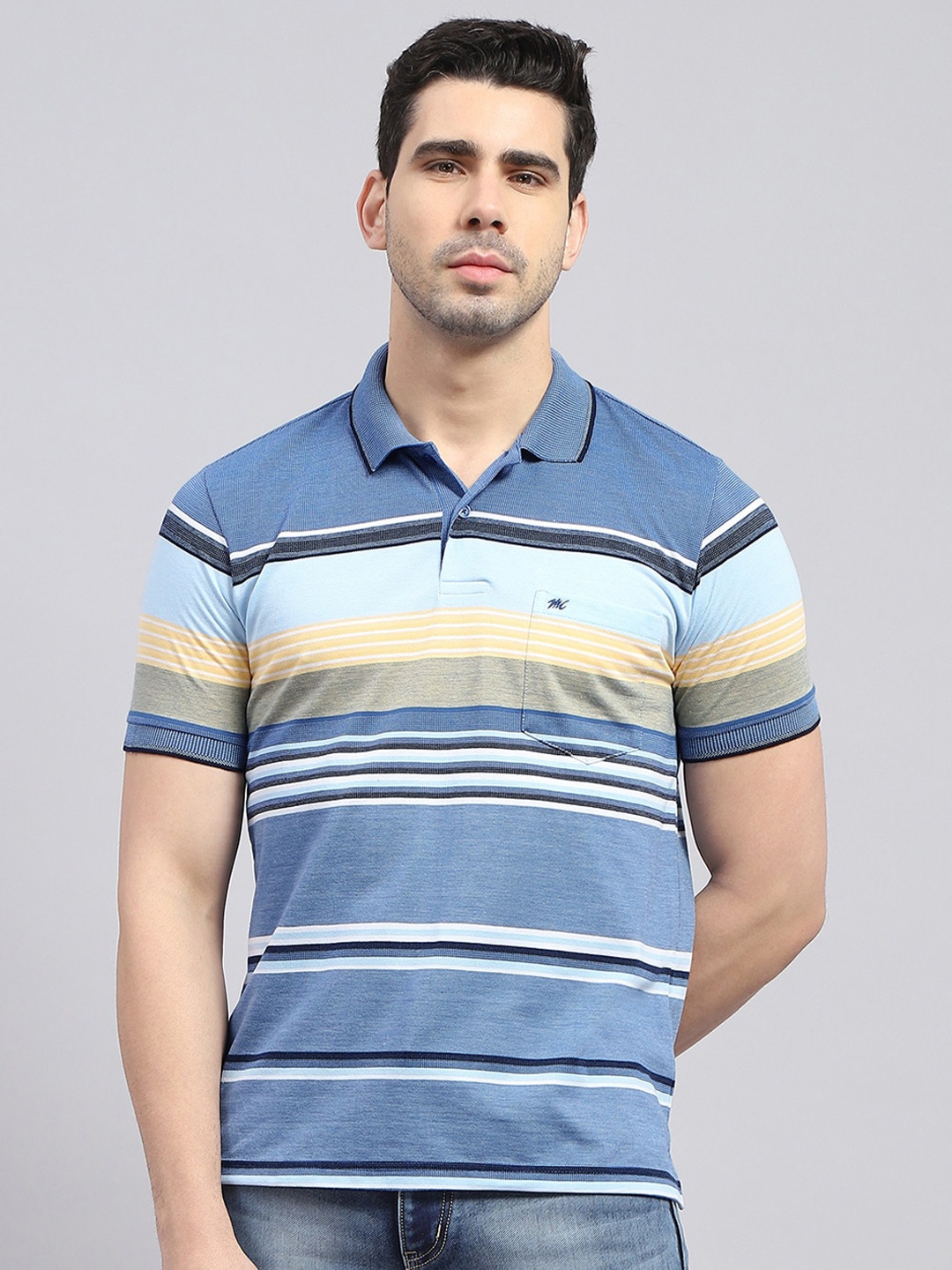 

Monte Carlo Striped Polo Collar Cotton T-shirt, Blue